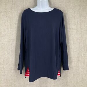 Susan Graver Weekend Tunic Womens L Navy Striped Slit Back Button Nautical